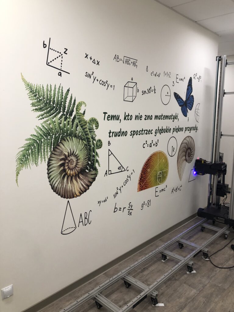 Druk ścienny łączący przyrodę i matematykę – inspirujący element wystroju sali szkolnej.